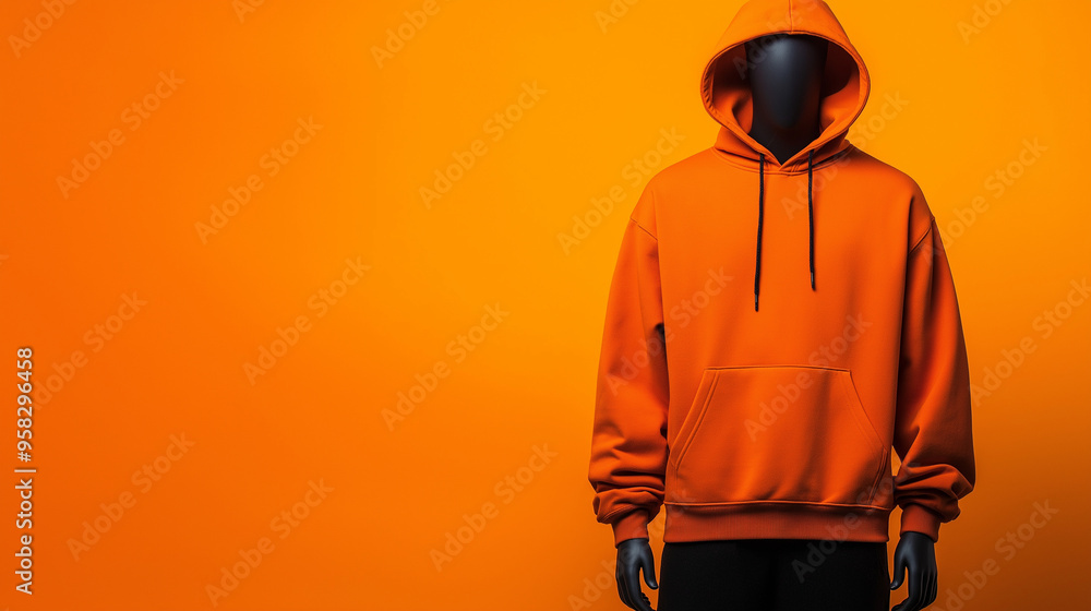 Poster A mannequin displays a blank hoodie in a bold orange, with the background in the same color, creating a striking and attention-grabbing mockup.