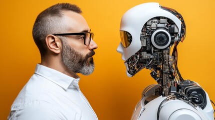 Obraz premium Man and Machine Face Off. Futuristic Technology Concept with Bearded Man and AI Robot on Yellow