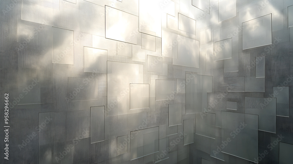 Poster modern architectural design featuring abstract glass and light patterns in an urban environment duri