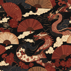 Seamless Oriental Pattern with Dragons, Fans, and Floral Elements – Traditional Asian Design in Red and Black