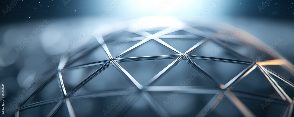 Poster massive sci-fi dyson sphere, a close-up view of an interconnected geometric structure reflecting lig