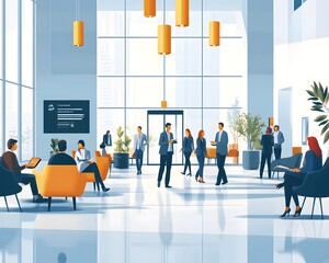 Business People Waiting in Modern Office Lobby Illustration
