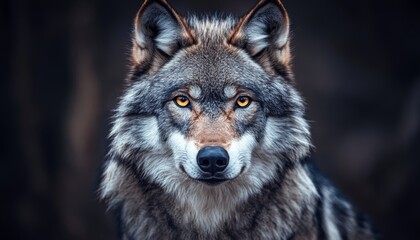 Fototapeta premium Stunning Wolf with Piercing Yellow Eyes Snowy Fur in Forest Setting