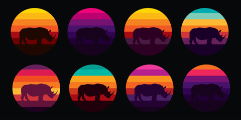 Silhouette of a rhinoceros against a striped retro sunset. Original vector set in vintage style isolated on black background. T-shirt design. © artmarsa