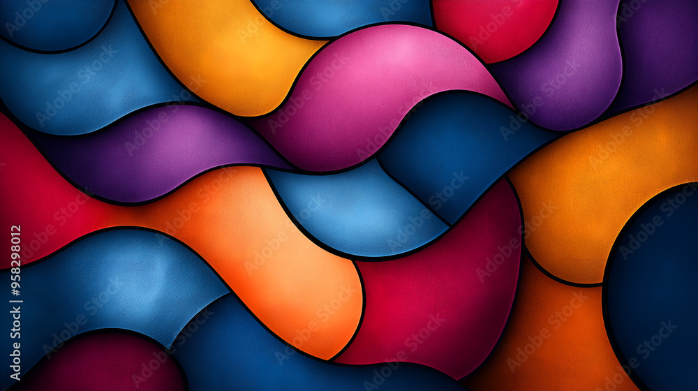 Poster colorful abstract design with flowing shapes and curves in vibrant hues, creating a dynamic visual e