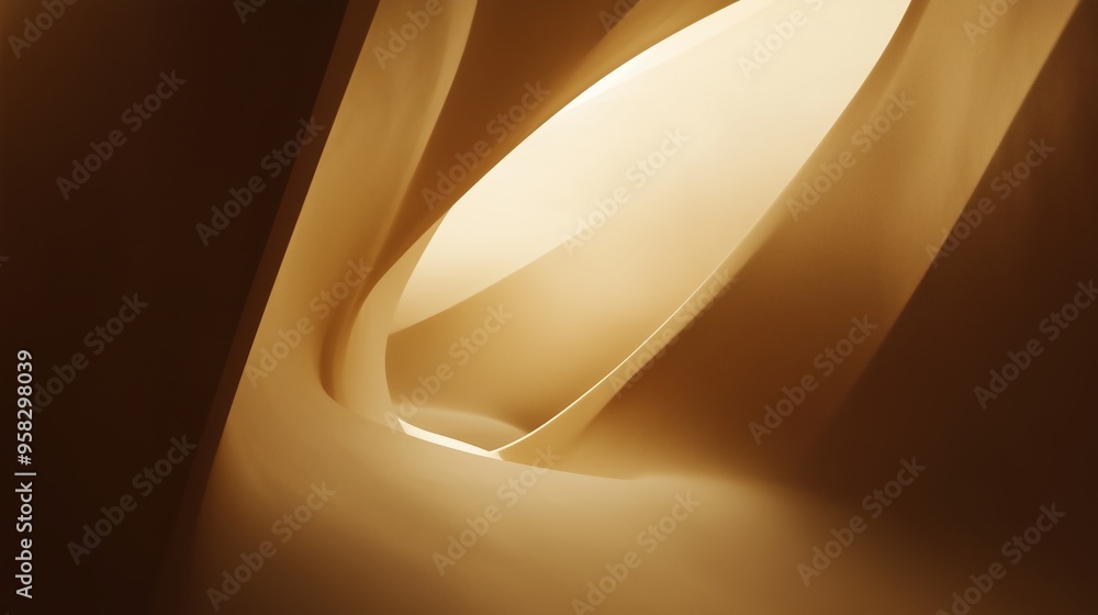 Poster an abstract natural formation featuring smooth curves and soft light in warm tones, revealing intric
