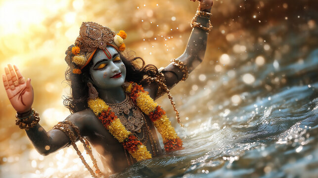 A divine illustration of Krishna, with a crown of jewels and garlands of flowers, dancing on the serpent Kaliya in the Yamuna river, with heavenly light illuminating the scene.