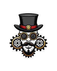 Illustrate a steampunk inspired design featuring a man with a top hat, goggles, and a beard, surrounded by cogs and gears.