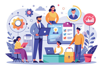 Professionals in a meeting about recruitment, depicted with speech bubbles and a man using a clipboard to match candidates.