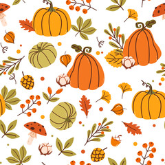 Autumn seamless pattern with mushrooms, autumn leaves, pumpkins and branches seamless pattern vector. Autumn themes, Halloween, Thanksgiving design elements, flat
