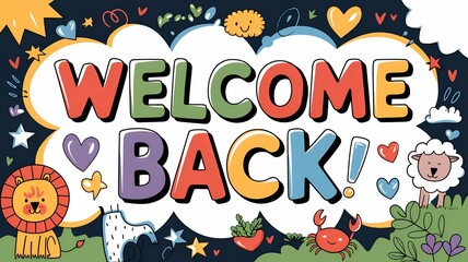 School education concept in cartoon style. Back to school. Welcome text on chalkboard with colored pencils and space for text. Creative web banner or web template