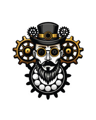 Illustrate a steampunk inspired design featuring a man, a top hat, and gears.