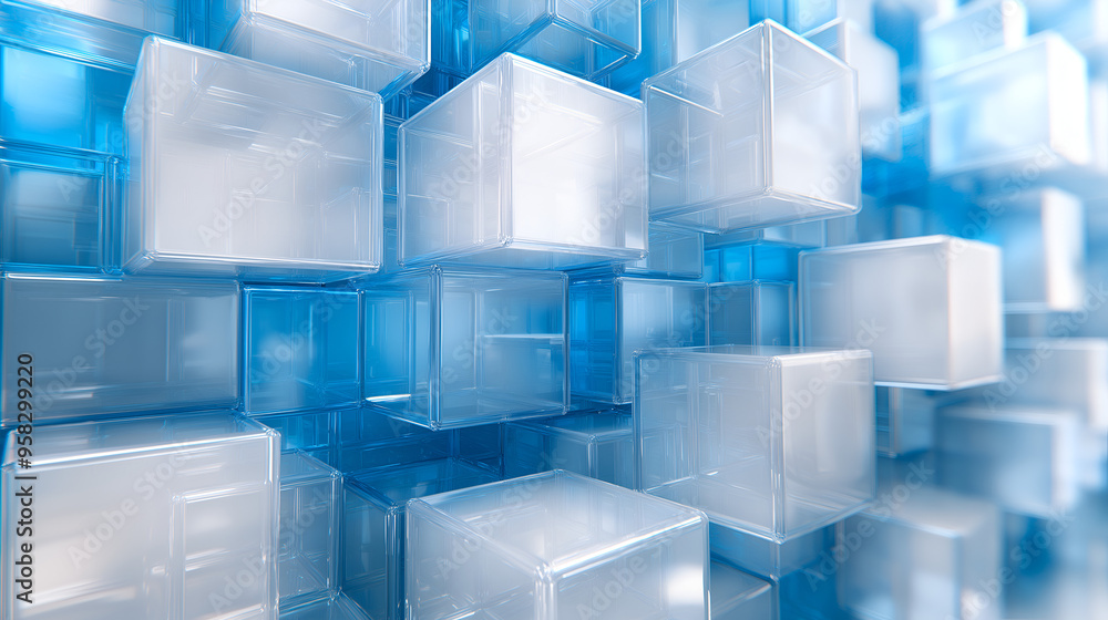 Poster abstract arrangement of transparent and blue cubes creating a modern textured background suitable fo
