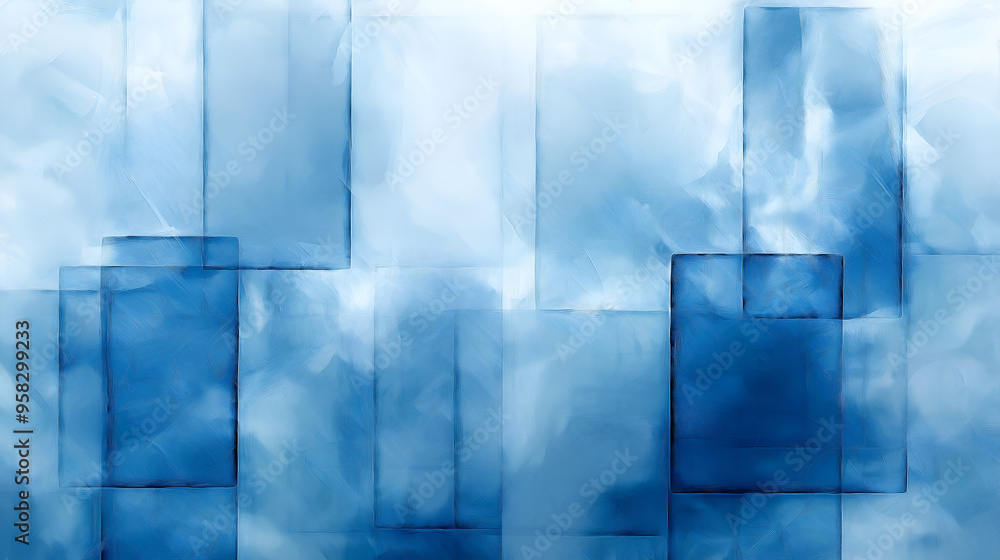 Poster abstract blue and white geometric pattern resembling foggy shapes on a smooth surface, creating a ca