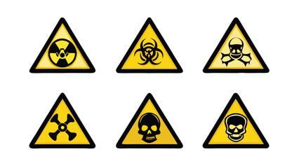 A set of six yellow triangle warning signs with black borders and different danger symbols.