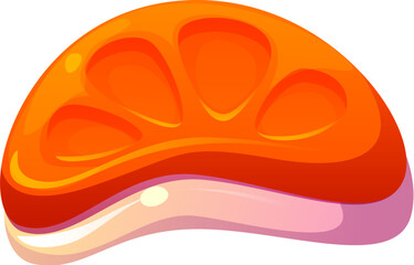 Cartoon Halloween holiday sweets and dessert. Isolated vector vibrant, glossy orange candy or caramel shaped like a citrus fruit slice. Bright appetizing festive trick or treat party toffee confection