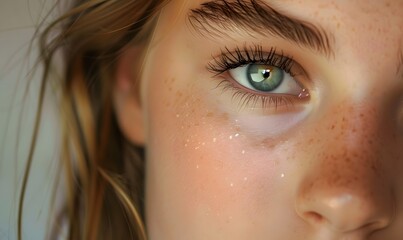 Fototapeta premium Eyes and eyebrows close up. Portrait of a beautiful teenage girl with beautiful makeup and healthy clean skin.Makeup and cosmetology concept. 