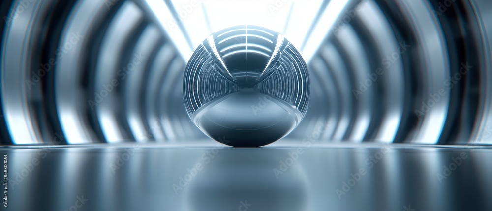 Poster advanced sci-fi dyson sphere, illuminated tunnel, embodying modern design and advanced technology.