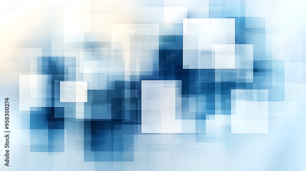 Poster abstract blue and white composition with geometric shapes blending smoothly in a serene environment