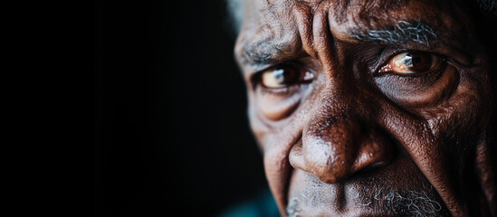 Indigenous male man Elder deep  thought close-up mental health depression anxiety awareness Australia banner copy space black background cultural wellness healthcare campaign Aboriginal first nations