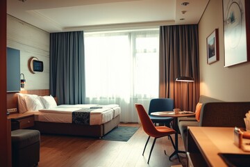 Modern Hotel Room with Bed, Window, and Seating Area