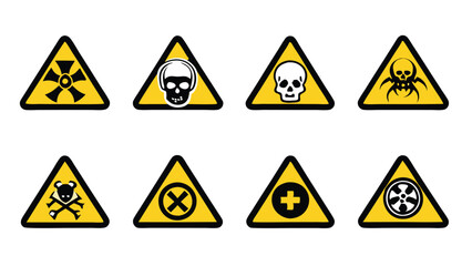 Set of eight warning signs, each depicting a different danger radiation, skull, skull and crossbones, biohazard, skull and crossbones, no entry, plus sign, and radiation.