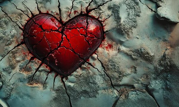 A vivid and dramatic scene where a deep, red heart is embedded within a cracked, grayish surface. The heart appears to be breaking or shattering, with pieces of it scattered around