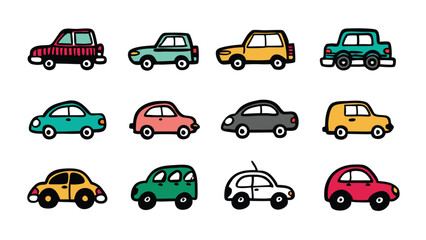 Doodle car set in funny, scribble style, hand-drawn illustrations.