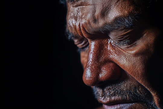 ISad ndigenous man portrait symbolizing mental health depression homelessness cost of living healthcare medicare resilience racism awareness Australian banner copy space black background