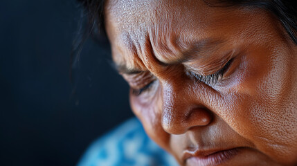 Thoughtful close-up older Indigenous woman auntie portrait depicting grief sadness reflection mental health support emotional resilience advocacy awareness Australia banner copy space black background
