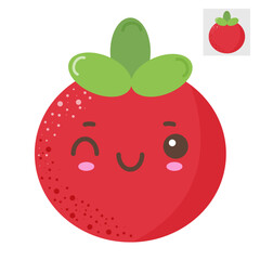 Flat vector illustration of a tomato with kawaii eyes on a white background.	