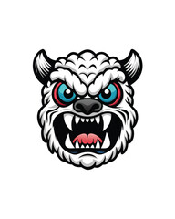 A white monster with sharp teeth and horns, red and blue eyes.