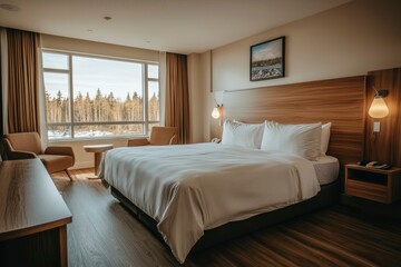 Modern Hotel Room with White Bedding and Forest View