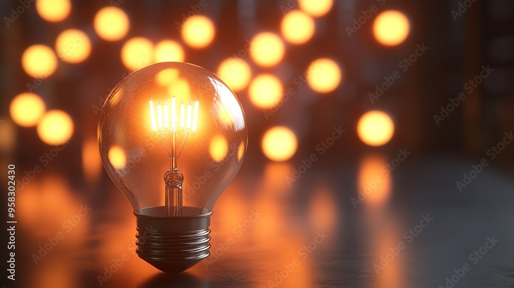 Poster a single lit light bulb with a bokeh background