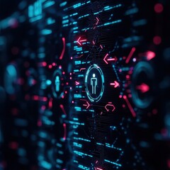 Futuristic digital interface with vibrant blue and pink neon elements, displaying human icons and interconnected circuits.