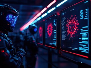 Futuristic digital scene with a soldier observing screens displaying virus data, highlighting technology and cybersecurity themes.