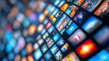 Digital Wall with Glowing Image Thumbnails, Visual Content, Multimedia Gallery Concept.