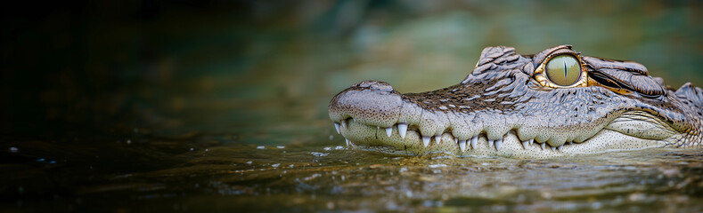 Obraz premium Side view swimming crocodile outback river closeup dam water predator wildlife dangerous Australia tourism nature reptile habitat adventure banner background copy space ad