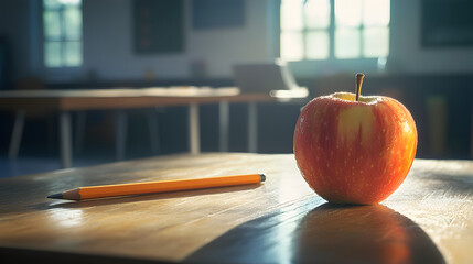 A close-up of an apple sitting on a teacher’s desk, with a pencil nearby.


