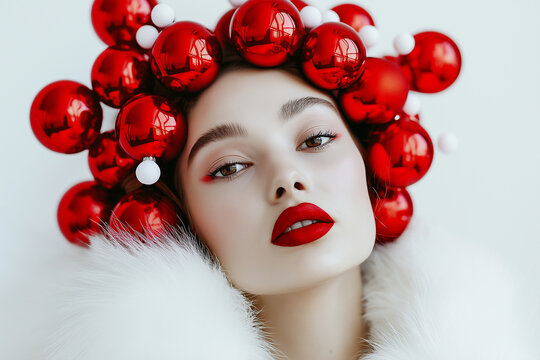 A fashion photo of an elegant woman with red ball Christmas ornaments on her head, against a white background, suitable for a social media profile picture.
