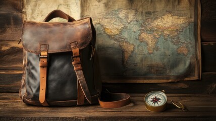 Vintage leather backpack next to a compass on a wooden table with a world map backdrop.