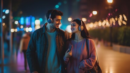 Obraz premium Couple walking together at night, enjoying music and smiling under colorful city lights in a vibrant urban setting