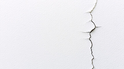 A close-up shot of a white wall, with a single, thin crack running vertically down its length. The crack, dark and jagged, stretches from the top to the bottom of the image, creating a striking