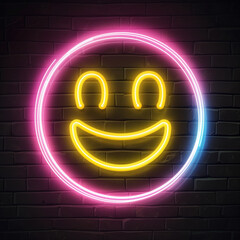 Glowing face with smile neon icon on brick wall background. Comic neon sign of happy emoji