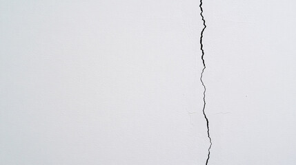 A detailed photograph of a white wall, with a single, thin crack running vertically down its surface. The crack is dark and continuous, stretching from the top edge of the image to the bottom,