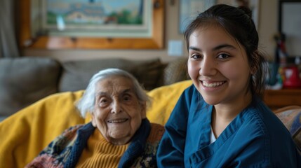 A home health care worker assists an elderly woman in her home	
