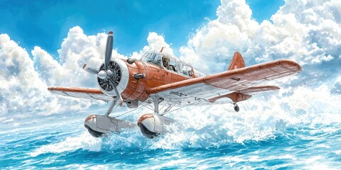 Obraz premium A vibrant airplane soaring above the ocean, surrounded by fluffy clouds, showcasing the beauty of aviation and adventure.