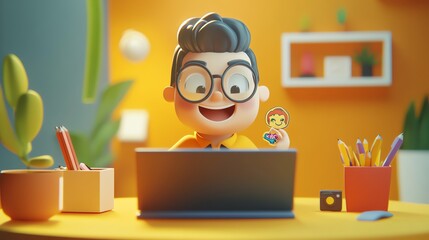 Smiling Cartoon Boy Using Laptop in a Colorful Room