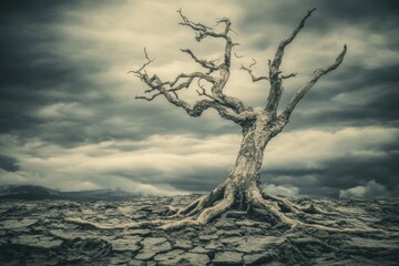 Solitary tree standing on cracked earth stormy skies