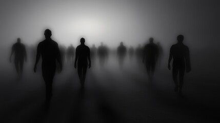 Mysterious silhouettes walking in fog